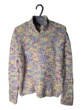 Talbots Vintage Rainbow Split Neck Turtleneck Chunky Knit Wool Blend Sweater Lrg